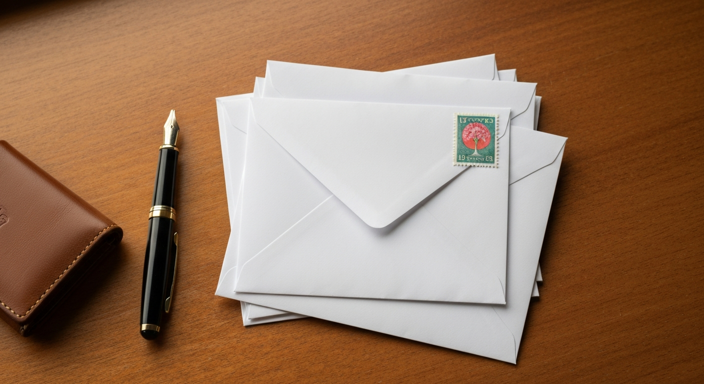 A close-up of a US Forever stamp on a white envelope with a wooden background