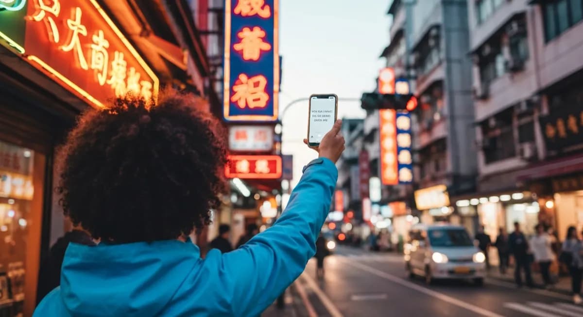 Person holding smartphone to translate a Chinese street sign
