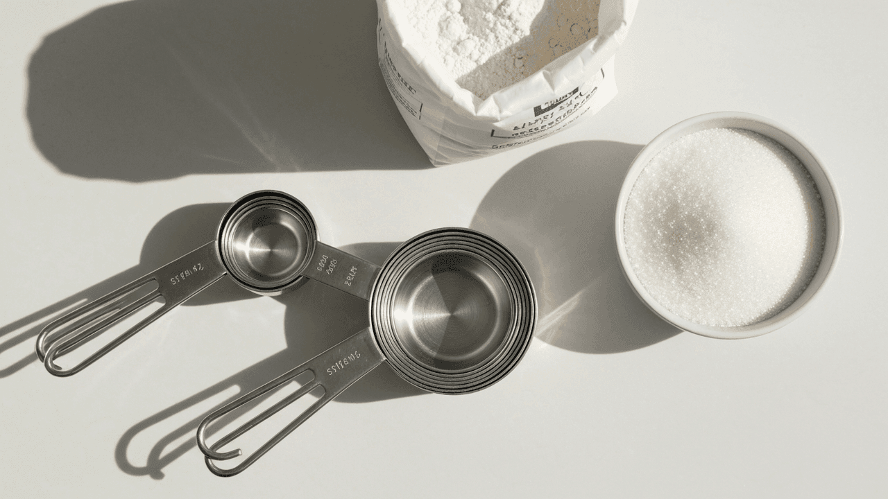 Measuring cups beside flour and sugar showing grams to cups conversion