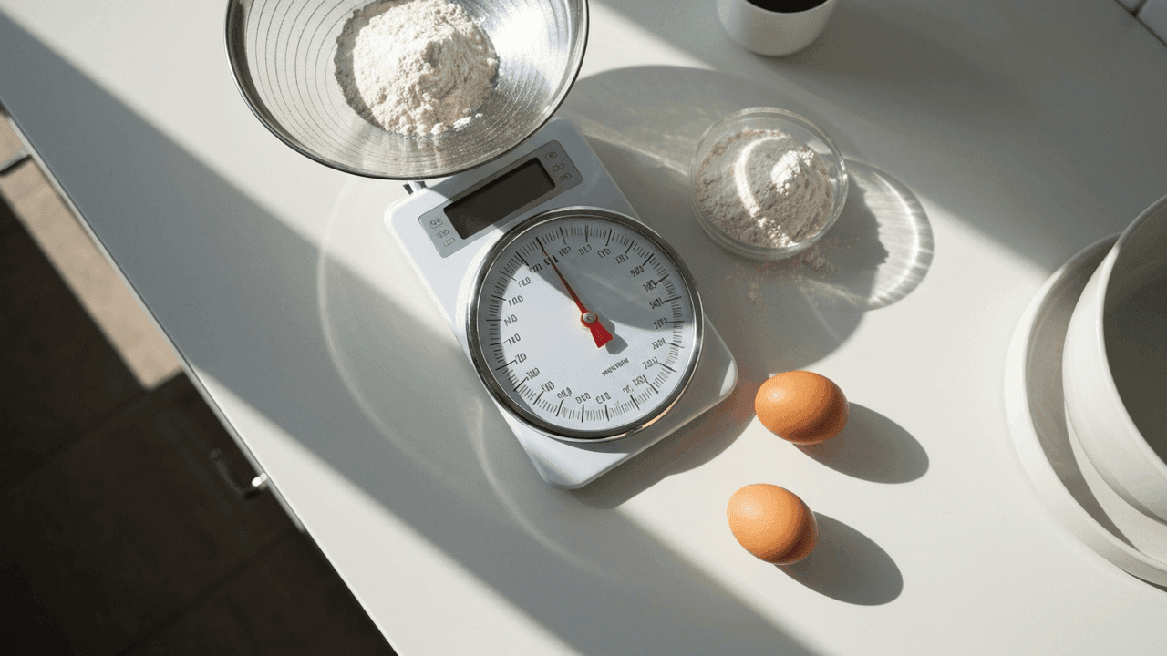 A kitchen scale and ingredients showing weight in grams and ounces