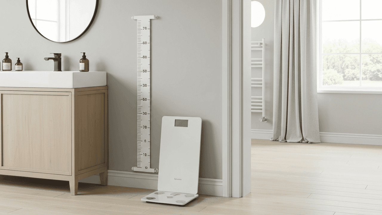 A height chart and scale representing ideal weight by height
