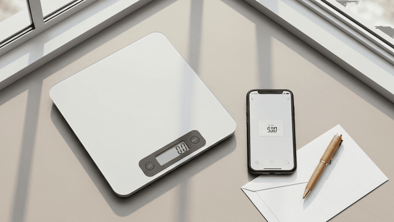 A sealed envelope on a desk being weighed by phone to check postage