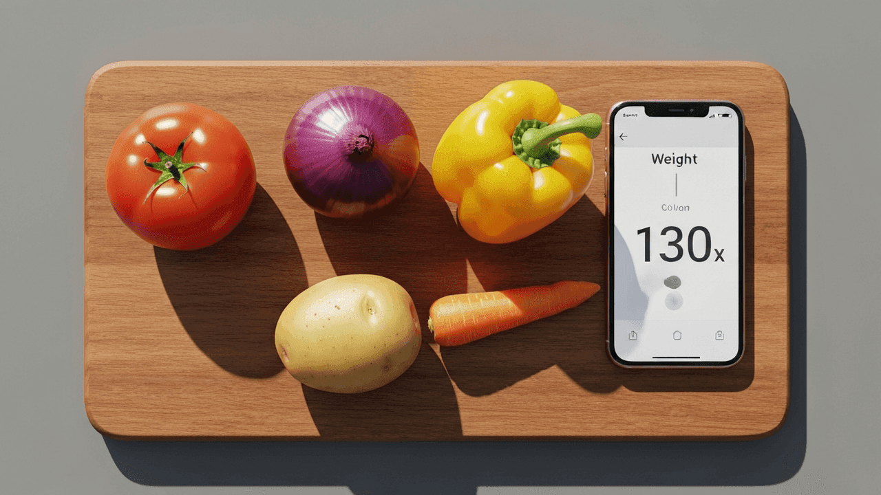 Assorted fresh vegetables on a cutting board being weighed by phone