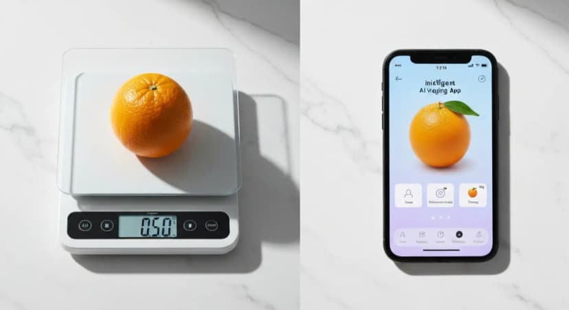 Digital kitchen scale next to smartphone AI scale app with same food item