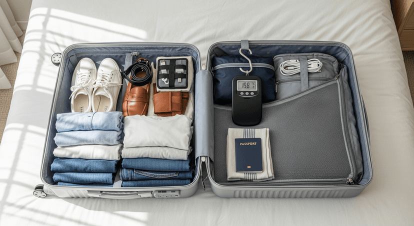 Neatly packed open suitcase on a bed with a portable luggage scale and passport