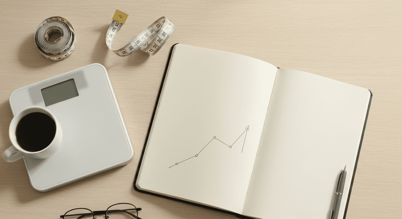 A line chart on a notebook page next to a digital scale and tape measure on a clean wooden desk