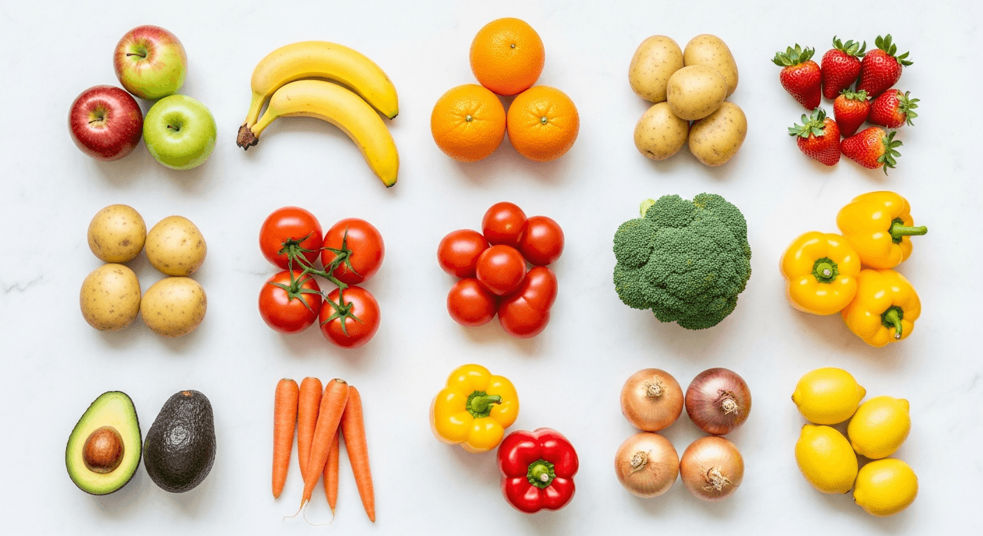 Colorful fruits and vegetables arranged in a grid pattern on white marble surface