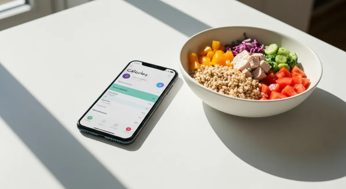 Smartphone showing calorie tracking app next to a healthy meal bowl