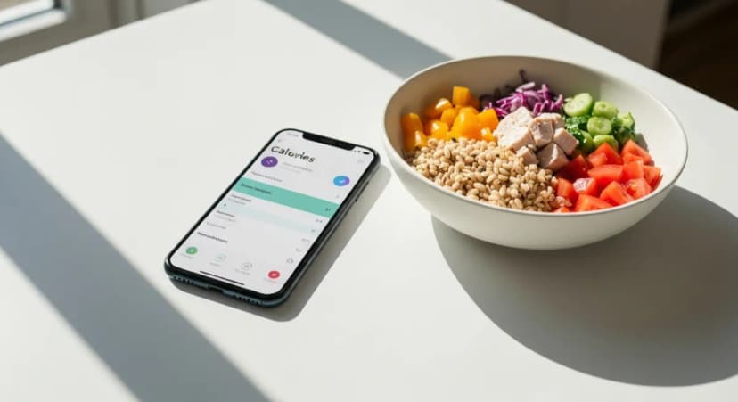 Smartphone showing calorie tracking app next to a healthy meal bowl