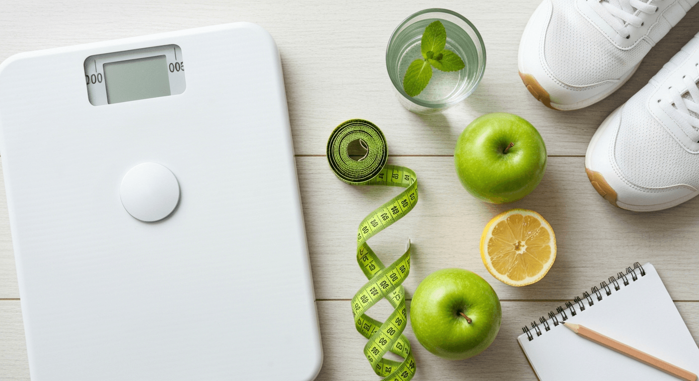 A modern calculator on a wooden desk next to an open notebook with a pen and a measuring tape