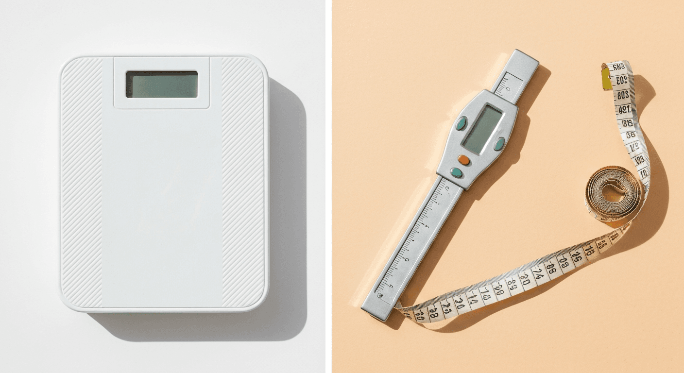 A side-by-side composition of a digital scale and a body fat caliper on a white surface
