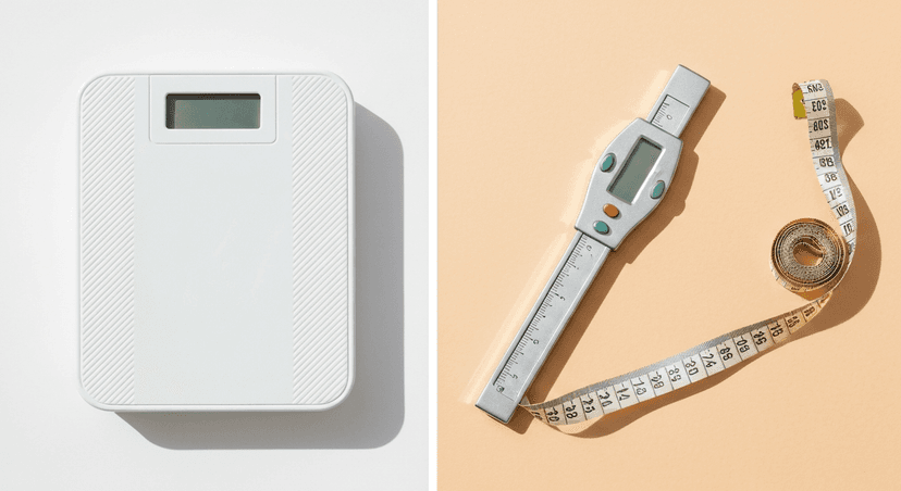 A side-by-side composition of a digital scale and a body fat caliper on a white surface
