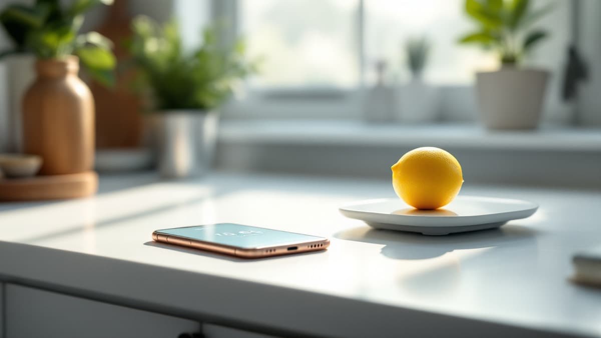 Smartphone next to a kitchen scale with food being compared
