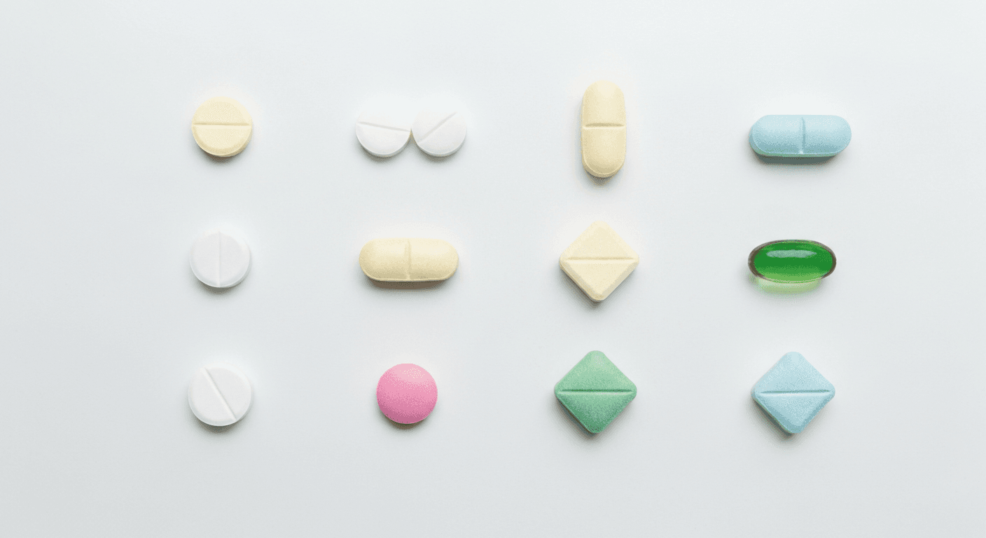 A neat arrangement of various unbranded pills in different shapes and colors on a clean white surface