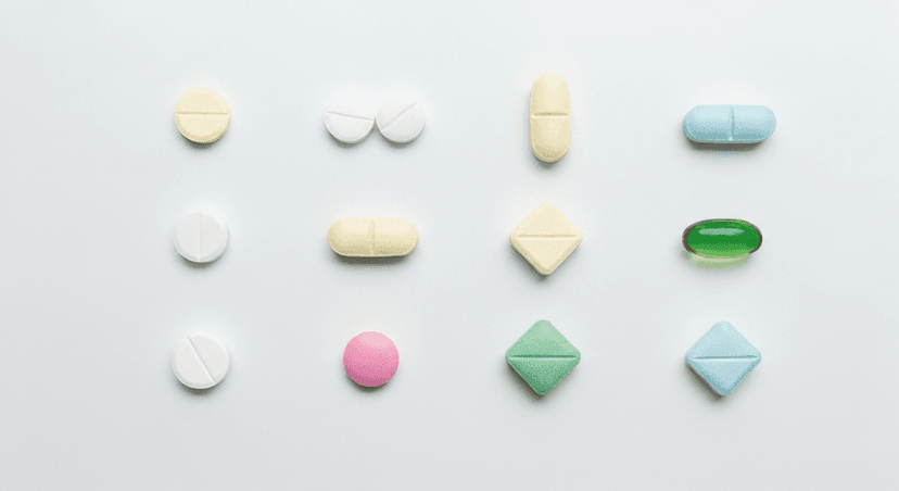 A neat arrangement of various unbranded pills in different shapes and colors on a clean white surface
