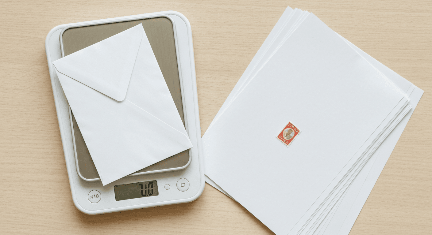 A white envelope with a Forever stamp, a sheet of paper, and a small kitchen scale on a wooden surface