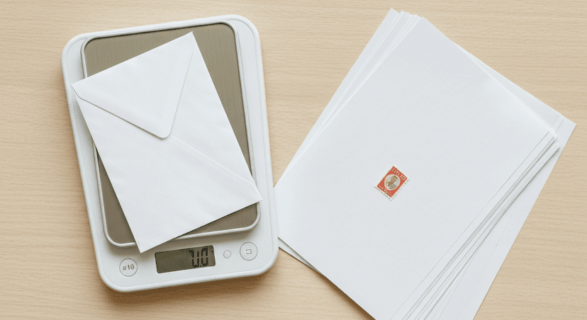 A white envelope with a Forever stamp, a sheet of paper, and a small kitchen scale on a wooden surface