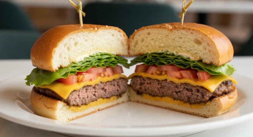 Classic cheeseburger cut in half showing layers on a white plate