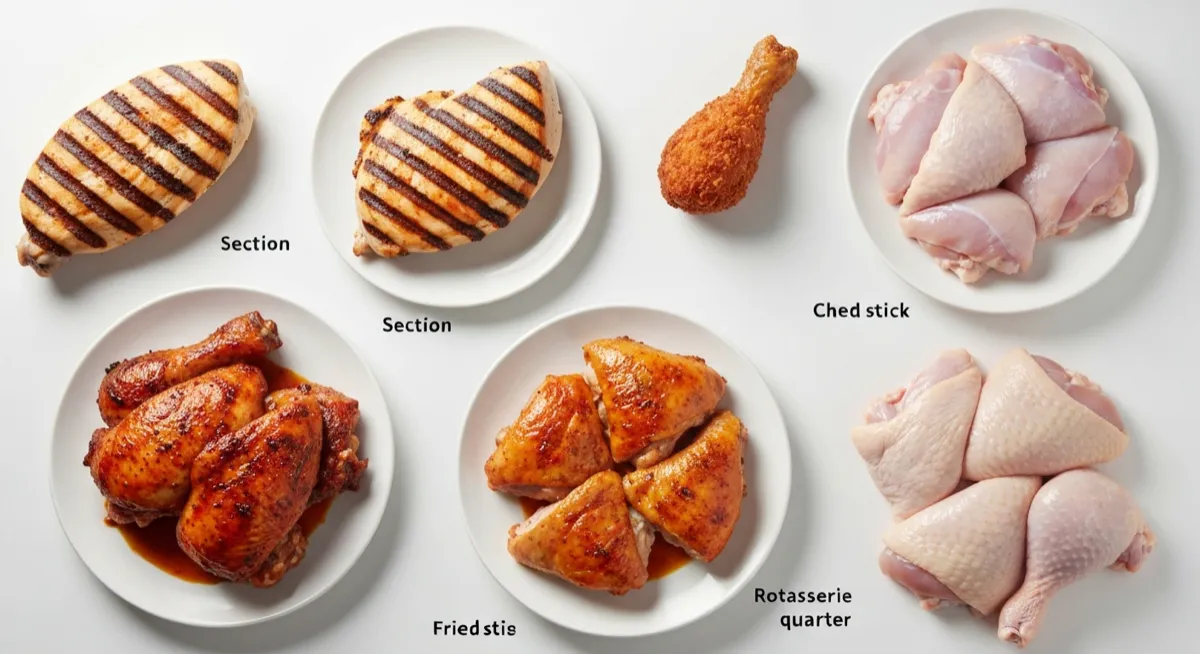 Different chicken preparations — grilled breast, fried drumstick, rotisserie quarter