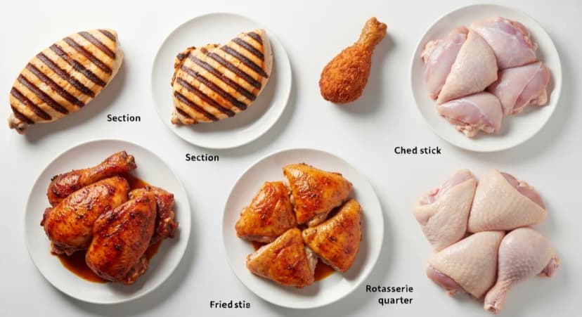 Different chicken preparations. Grilled breast, fried drumstick, rotisserie quarter