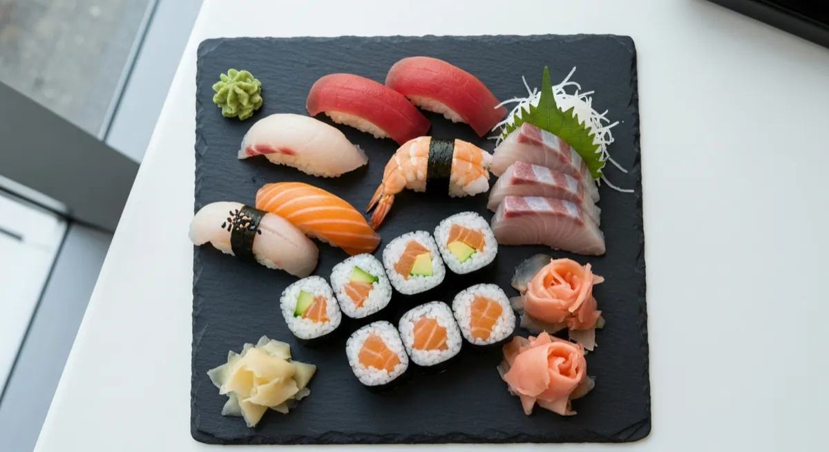 Assorted sushi platter with nigiri, maki rolls, and sashimi on dark slate