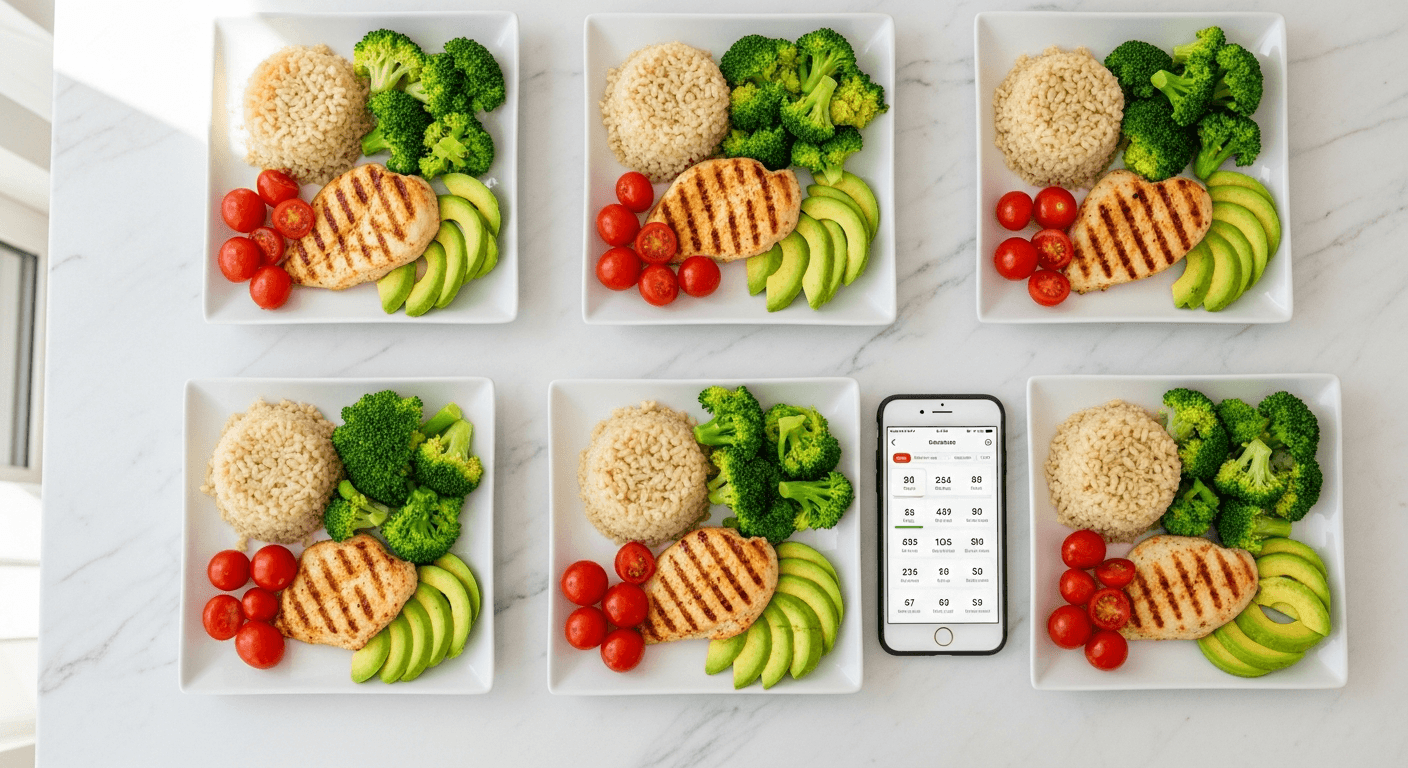 Healthy meal prep plates with chicken, rice, broccoli, and a phone showing calorie tracking app