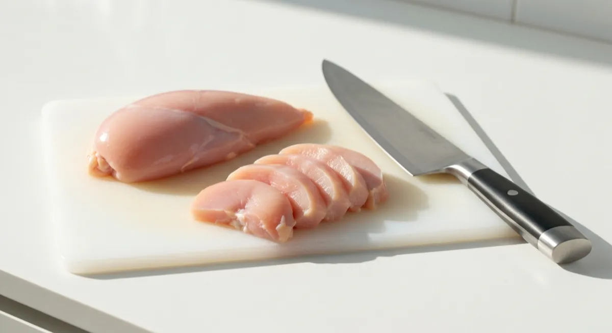 Raw chicken breasts on a white cutting board with a knife