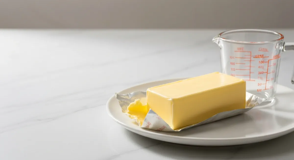 Stick of butter partially unwrapped on a white plate next to measuring cup