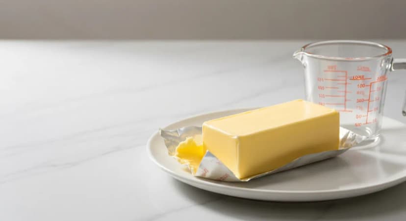 Stick of butter partially unwrapped on a white plate next to measuring cup