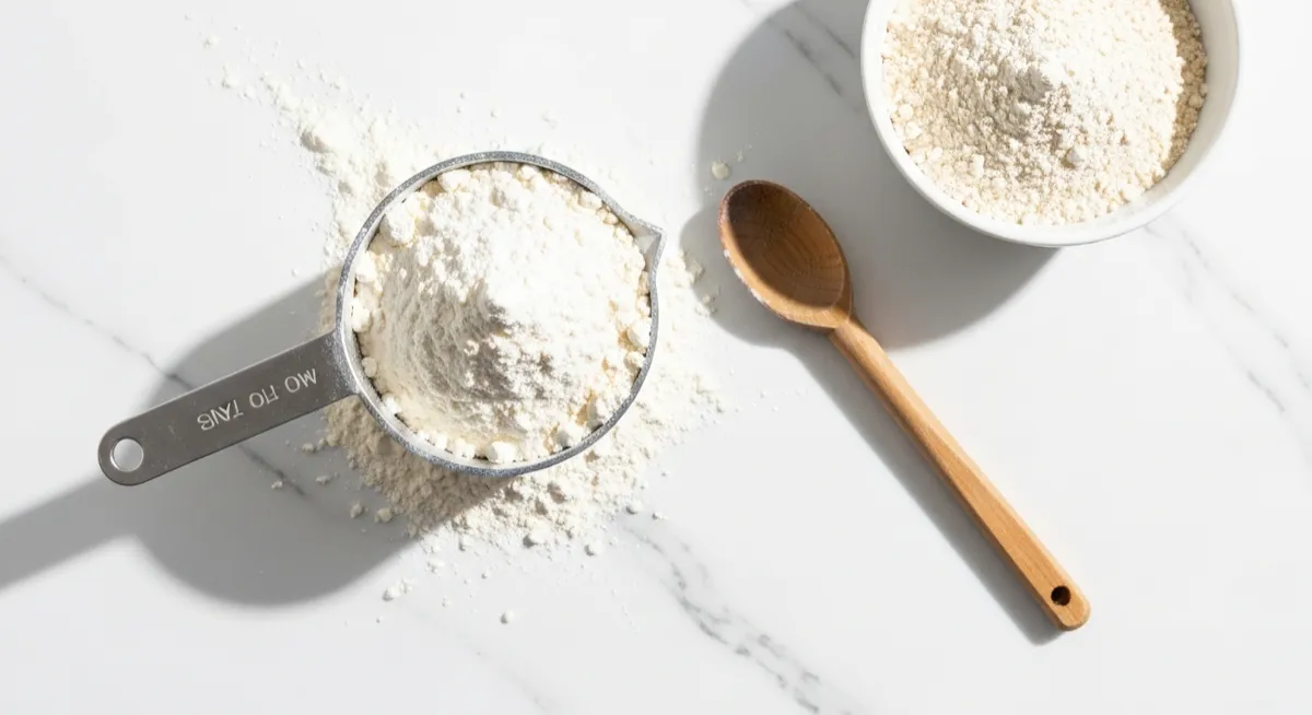 Measuring cup overflowing with white flour on a marble countertop
