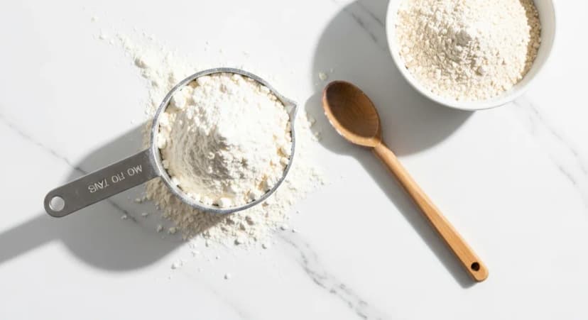 Measuring cup overflowing with white flour on a marble countertop