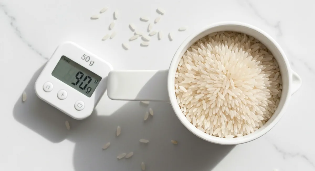 A measuring cup filled with white rice on a marble countertop