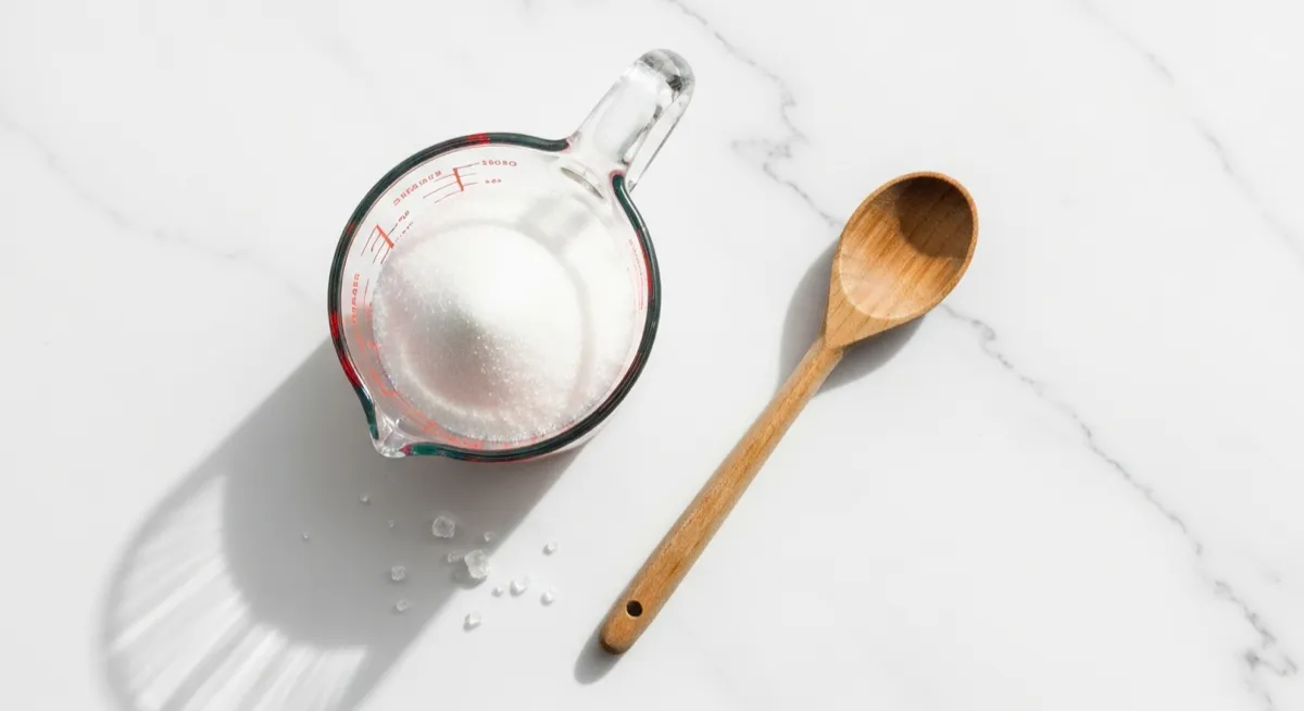 Glass measuring cup filled with white sugar on marble countertop