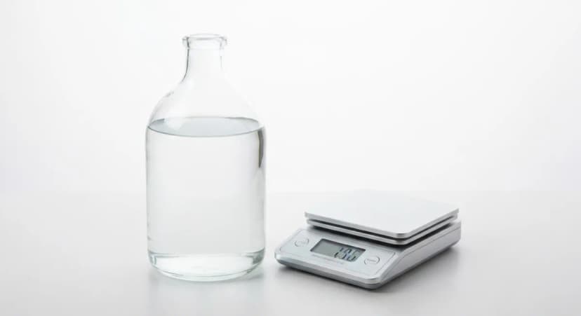 Clear glass gallon jug of water on white surface next to digital scale