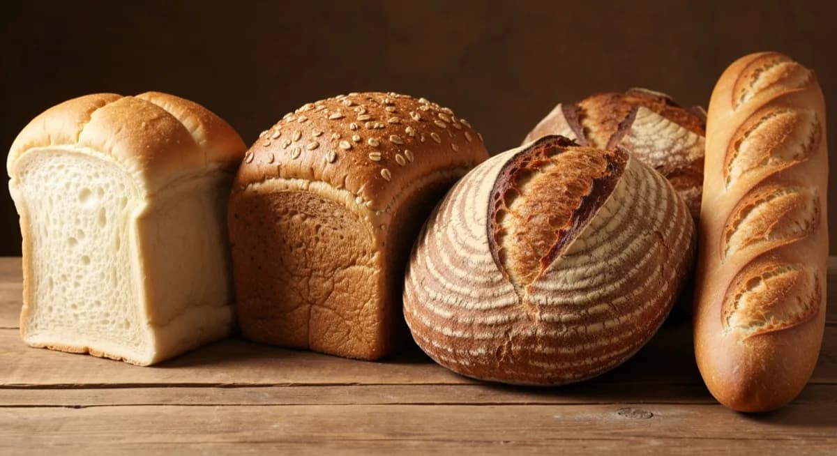 Different bread loaves in a row — white, whole wheat, sourdough, baguette