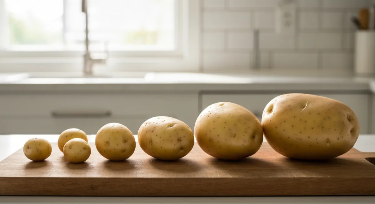 Several potatoes of different sizes arranged from small to large on a cutting board
