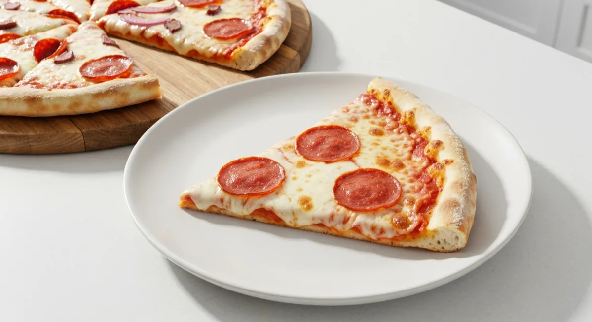 A slice of pepperoni pizza on a white plate with whole pizza in background