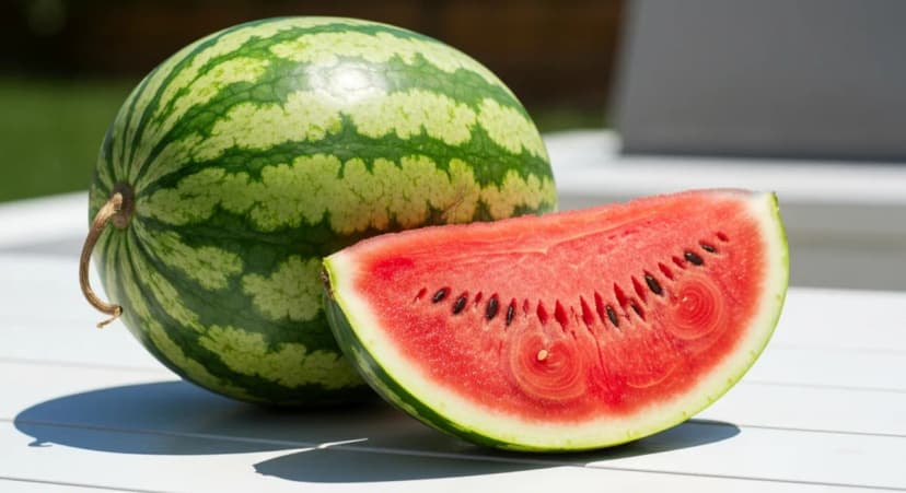 Whole watermelon and a cut red wedge on a white outdoor table in sunlight