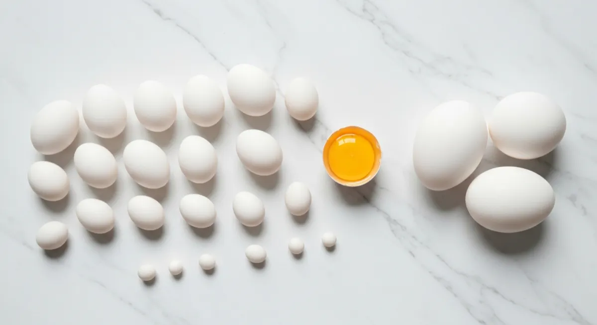Eggs in different sizes arranged on white marble with one cracked open