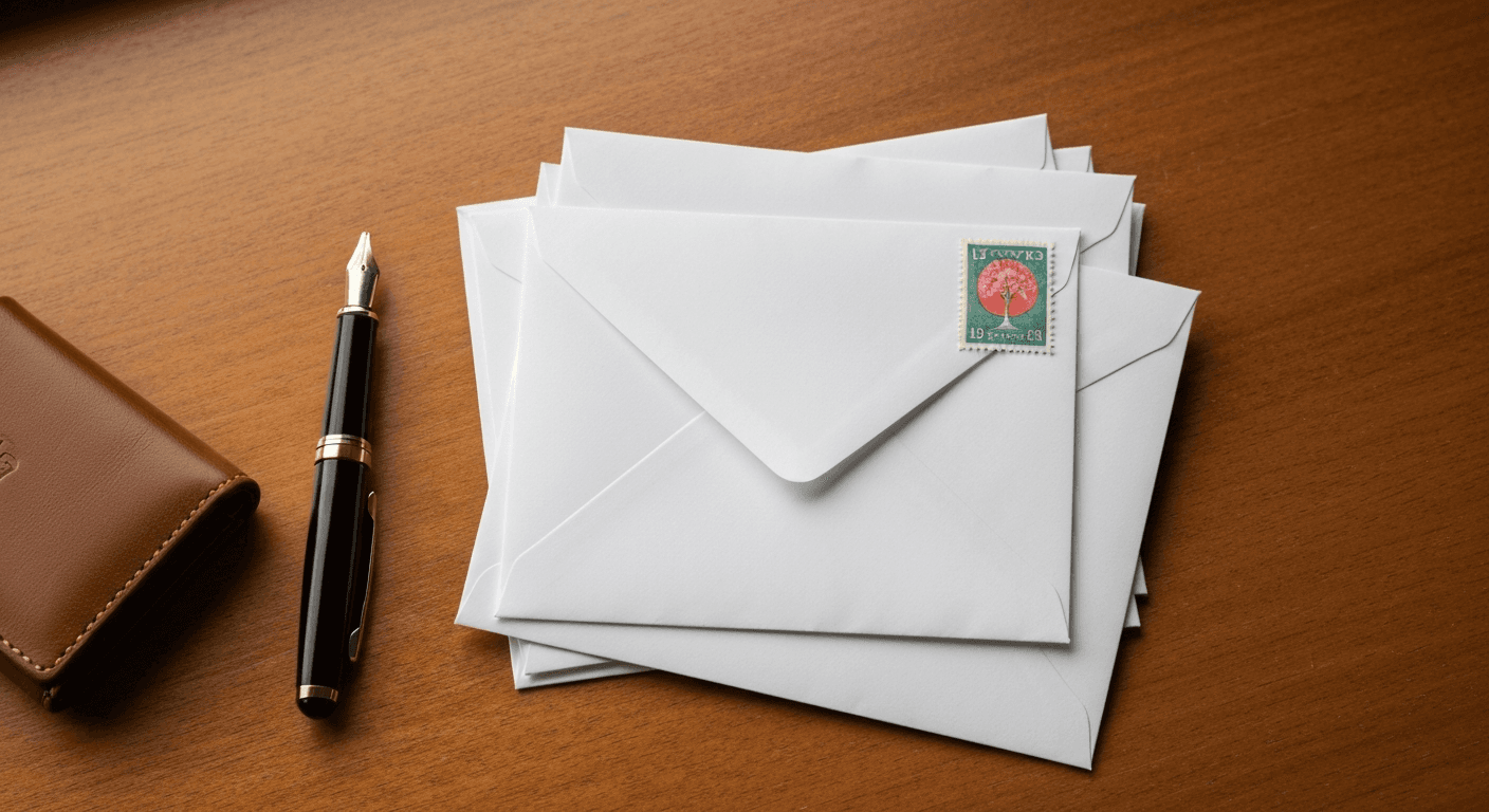 A close-up of a US Forever stamp on a white envelope with a wooden background
