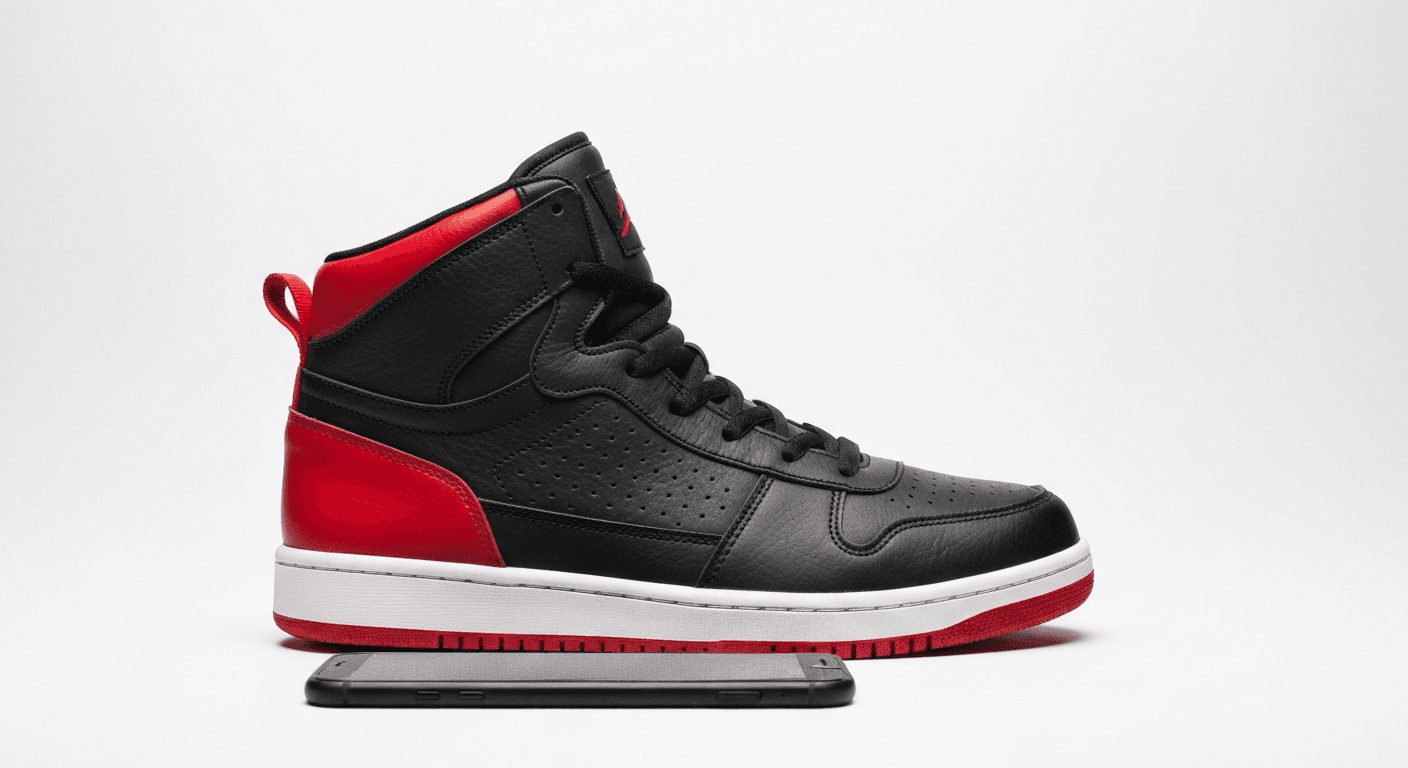 A pair of black and red Air Jordan-style high-top sneakers on a clean studio background