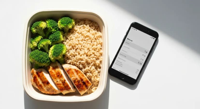 Meal prep container with chicken rice and broccoli next to phone showing macros