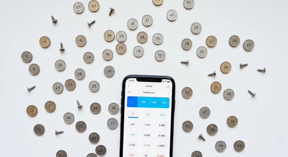 Small objects scattered on a white surface with a smartphone showing a counting app