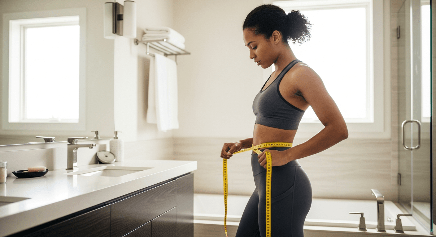 Woman measuring her waist with a measuring tape in a bright bathroom