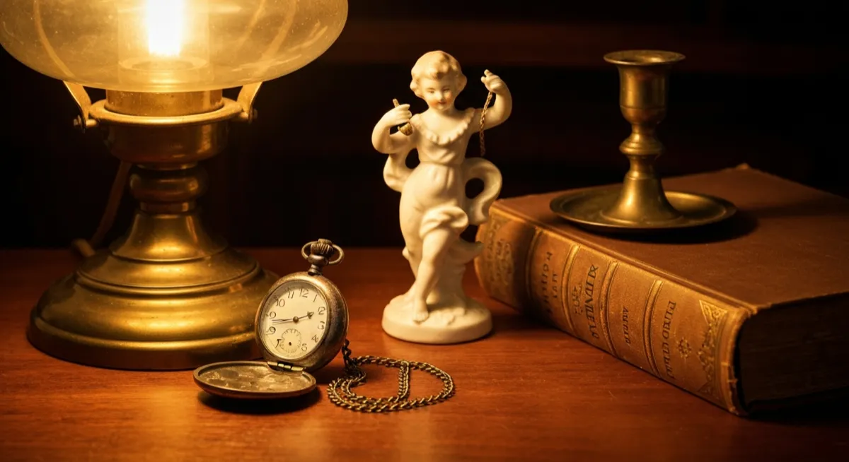 Vintage antique items on a wooden table — pocket watch, figurine, candlestick, book