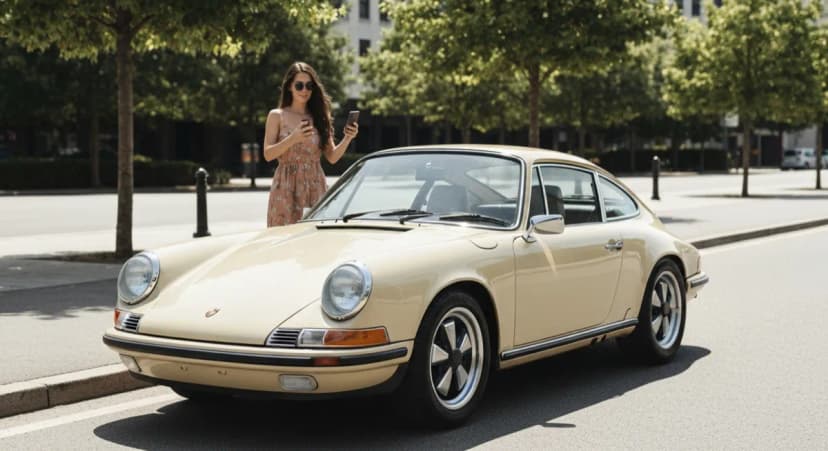 Classic car parked on a clean street with someone holding a smartphone nearby