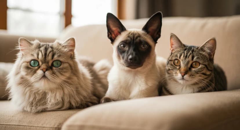 Three different cat breeds sitting together on a light couch in warm window light