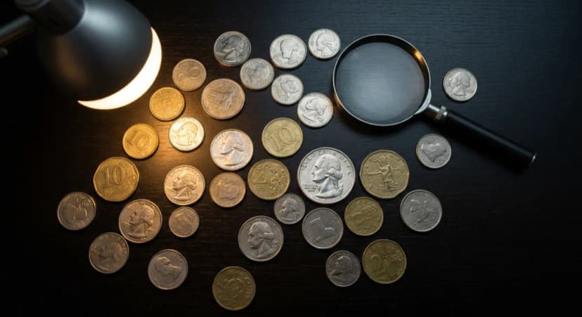 Collection of various coins from different countries with magnifying glass