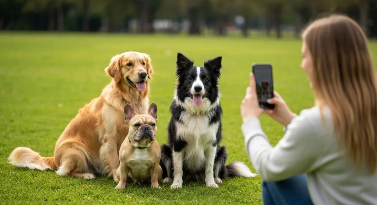 Three different dog breeds sitting together in a park with someone photographing them