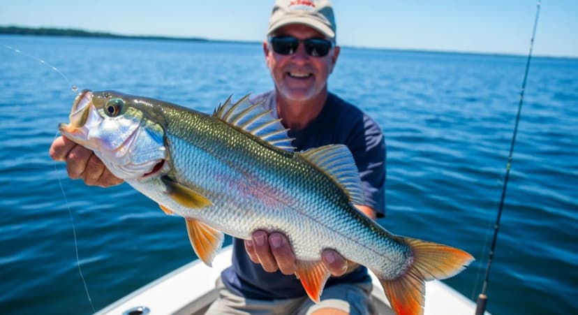 Person on a boat holding a freshly caught colorful fish with water in background